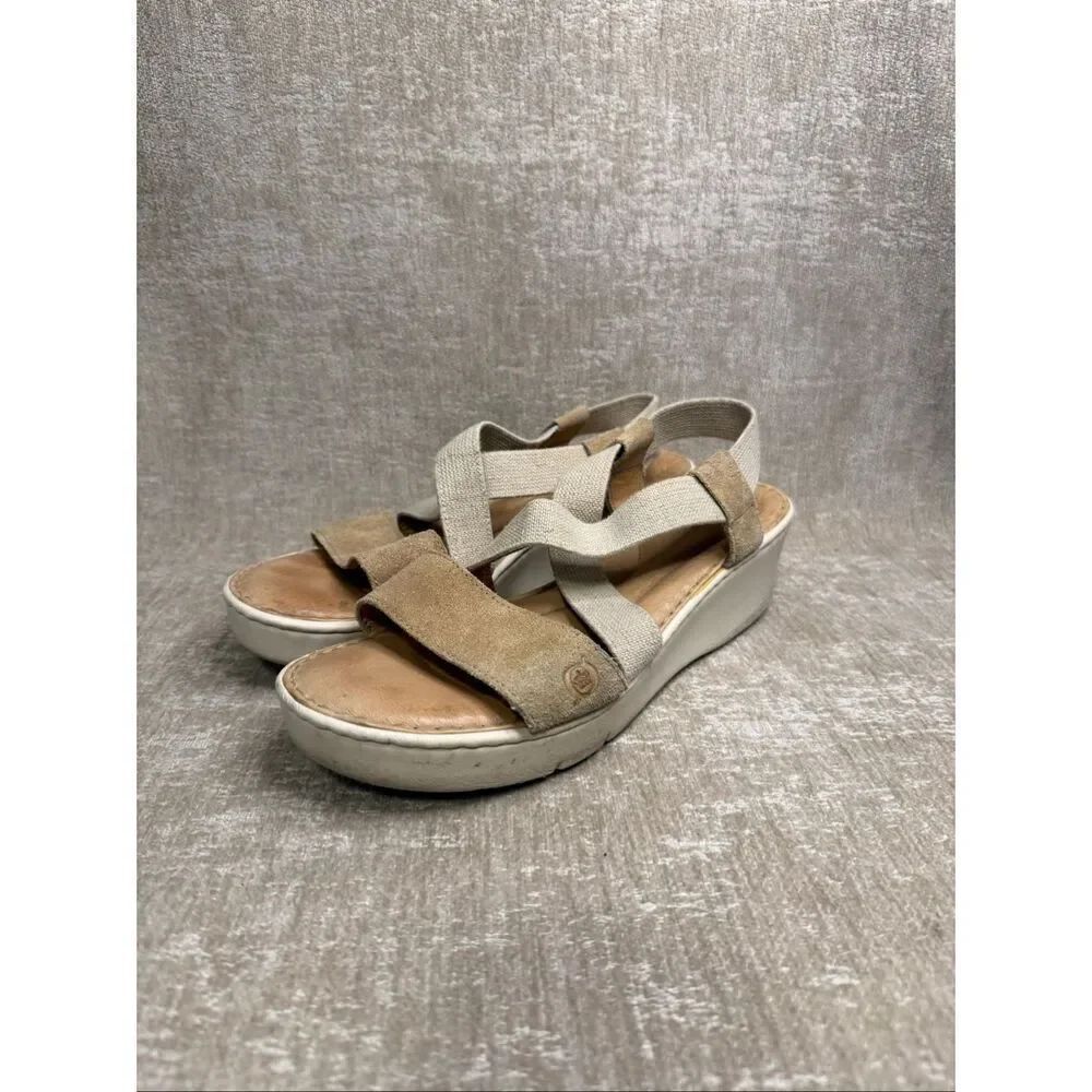 Born Women's Suede Leather Strappy Platform Wedge Slingback Sandals Tan Size 9M